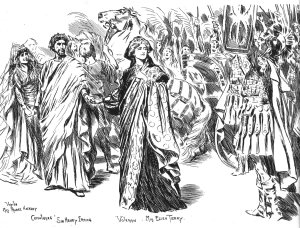 Coriolanus Act II Scene 1 Rome gives Caius marcue an ovation and he shares it with Volumnia. illustration Courtesy of The Mander & Mitchenson Theatre Coll. L to R: Miss Mabel Hackney, sir Henry Irving, Miss Ellen Terry.